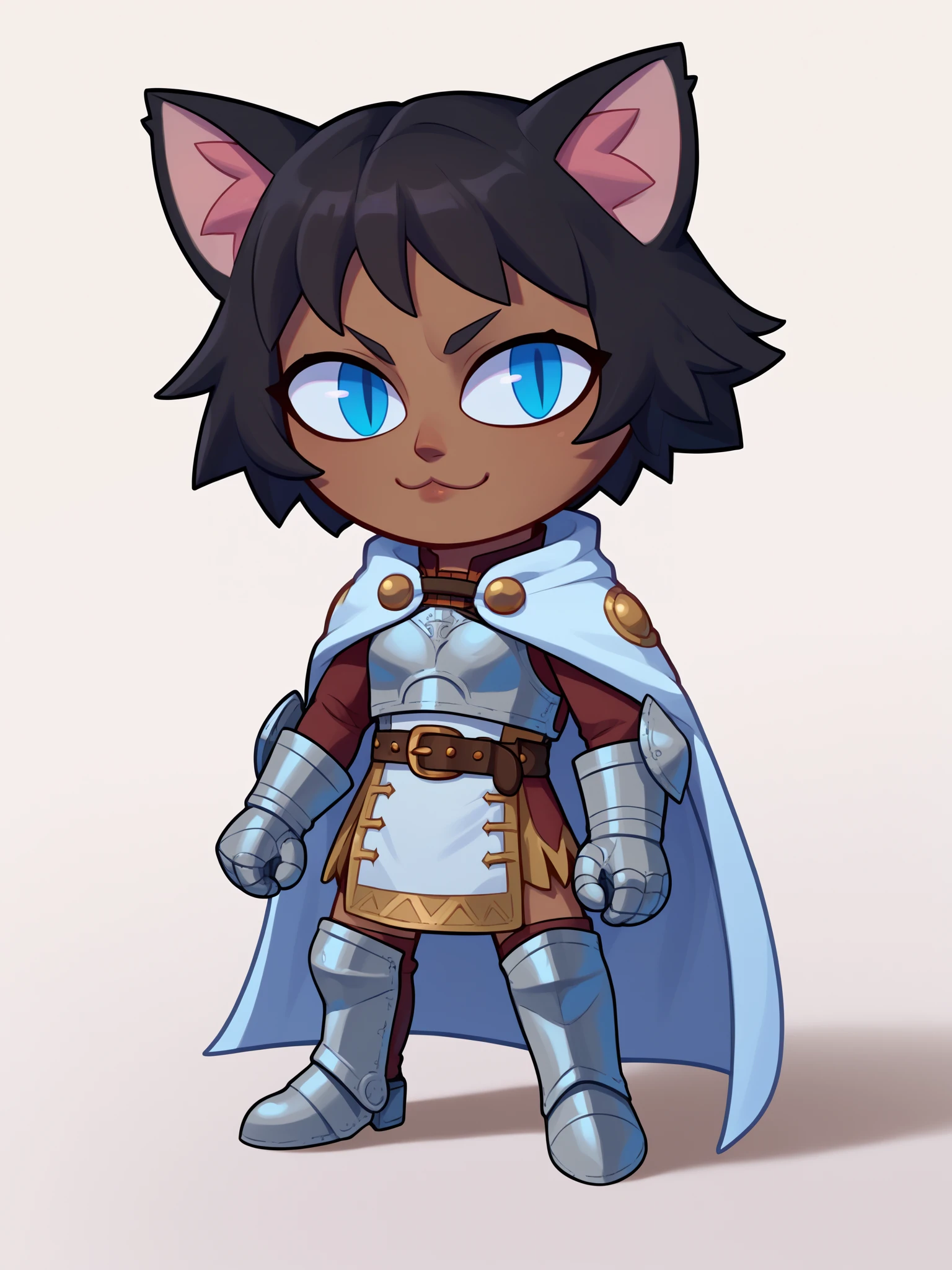 score_9, score_8_up, score_7_up, BREAK, 1girl, necoarc, cat ears,
mercemarten, black hair, short hair, blue eyes, dark skin, armor, cape, belt, breastplate, greaves, pelvic curtain, thighhighs, gauntlets,
chibi, slit pupils, solo, full body, white background <lora:necoarc-guy-PONY-v1:1> <lora:MercedesMartenXL:1>