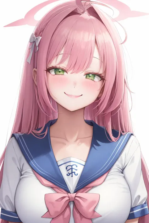 1girl, solo, smile, green eyes, pink hair, halo, bow, sailor collar, blush, looking at viewer, long hair, blue sailor collar, upper body, white background, school uniform, breasts, braid, simple background, large breasts, bangs, serafuku, ahoge, hair bow, pink bow, closed mouth, shirt, pink bowtie, white bow, collarbone, white shirt, single braid, bowtie, short sleeves <lora:freng_V8:1>
