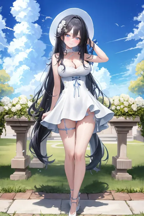 1girl, solo, flower, dress, white footwear, long hair, holding, breasts, hat, white dress, cloud, black hair, underwear, blue eyes, sky, panties, holding flower, rose, full body, standing, outdoors, white headwear, hair ornament, sleeveless dress, white panties, white rose, thigh strap, halterneck, large breasts, white flower, rainbow, side-tie panties, sleeveless, thighs, hand on headwear, arm up, cleavage, blue sky, bangs, bare legs, hair flower, looking at viewer, day, high heels, choker, ribbon, closed mouth, bare shoulders, white choker, sun hat, cloudy sky, sundress, bare arms, smile, legs, blush, frills, hair between eyes, pantyshot, halter dress, frilled dress <lora:freng_V8:1>