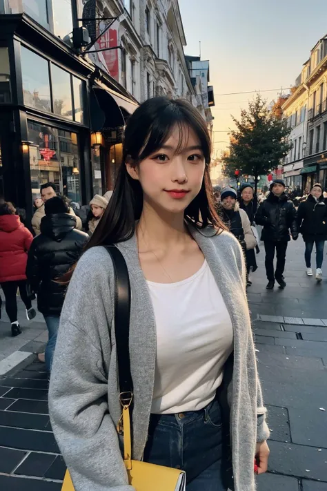glamour photo of auddk_77, amidst a bustling city, upper body framing, in a street photography setting, golden hour lighting:1.3), shot at eye level, on a Fujifilm X-T4 with a 50mm lens, <lora:auddk_77-15:0.9>