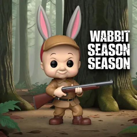 hilarious ukj, photorealistic, funko, in the forest with his shotgun, sign with text says "Wabbit Season", 8k, uhd <lora:sdxl_elmer_ukj_v10-000007:0.75>