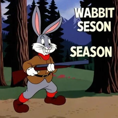 hilarious ukj in the forest with his shotgun, sign with text says "WAbbit Season", 8k, uhd <lora:sdxl_elmer_ukj_v10-000007:0.75>