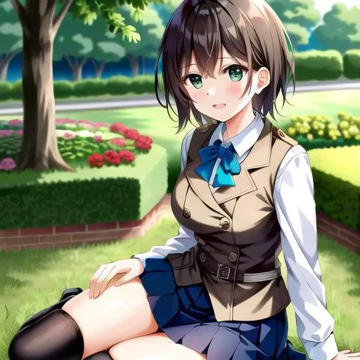 aoi, solo, 1girl (sitting in a garden:1.4) with (short brown hair:1.2) and (green eyes:1.3) and (wearing pleated skirt and brown vest and collared shirt and blue bow and black thighhigh:1.3) and (very thick thighs:1.4)
{{{masterpiece}}}, {{best quality, super fine illustration}}, ((dense hair)), ((beautiful eyes)),{very delicate light, perfect and delicate limbs}, {{ fine luminescence ,very fine 8K CG wallpaper}}, ((an extremely delicate and beautiful girl)), dynamic angle, l (staring blankly, lovely big eyes), beautiful detailed eyes, (absurdres, incredibly absurdres, illustration, ultra-detailed),
solo, high quality, CG, wallpaper, anime girl,dense hair, cute face, two legs, detailed hair, (very detailed hair), (beautiful eyes), Na-ga style