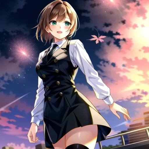 solo, 1 (office lady:1.0) (walking inside detailed cityscape:1.2) with (short brown hair:1.2) and (green eyes:1.1) and (wearing whte dress shirt and black necktie and black thighhigh:1.3)
{{{masterpiece}}}, {{best quality, super fine illustration}}, ((dense hair)), ((beautiful eyes)),{very delicate light, perfect and delicate limbs}, {{ fine luminescence ,very fine 8K CG wallpaper}}, ((an extremely delicate and beautiful girl)), dynamic angle, l (staring blankly, lovely big eyes), beautiful detailed eyes, (absurdres, incredibly absurdres, illustration, ultra-detailed),
solo, high quality, CG, wallpaper, anime girl,dense hair, cute face, two legs, detailed hair, (very detailed hair), (beautiful eyes), Na-ga style