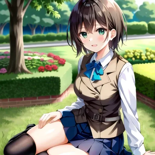 aoi, solo, 1girl (sitting in a garden:1.4) with (short brown hair:1.2) and (green eyes:1.3) and (wearing pleated skirt and brown vest and collared shirt and blue bow and black thighhigh:1.3) and (very thick thighs:1.4)
{{{masterpiece}}}, {{best quality, super fine illustration}}, ((dense hair)), ((beautiful eyes)),{very delicate light, perfect and delicate limbs}, {{ fine luminescence ,very fine 8K CG wallpaper}}, ((an extremely delicate and beautiful girl)), dynamic angle, l (staring blankly, lovely big eyes), beautiful detailed eyes, (absurdres, incredibly absurdres, illustration, ultra-detailed),
solo, high quality, CG, wallpaper, anime girl,dense hair, cute face, two legs, detailed hair, (very detailed hair), (beautiful eyes), Na-ga style