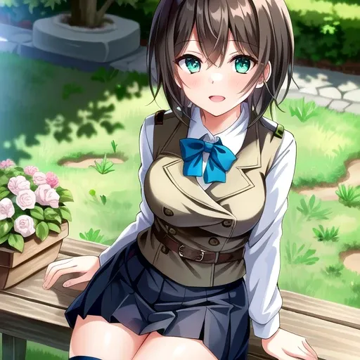 aoi, solo, 1girl (sitting in a garden:1.4) with (short brown hair:1.2) and (green eyes:1.3) and wearing (pleated skirt and brown vest and collared shirt and blue bow and black thighhigh:1.3)
{{{masterpiece}}}, {{best quality, super fine illustration}}, ((dense hair)),  ((beautiful eyes)),{very delicate light, perfect and delicate limbs}, {{ fine luminescence ,very fine 8K CG wallpaper}}, ((an extremely delicate and beautiful girl)), dynamic angle, l (staring blankly, lovely big eyes), beautiful detailed eyes, (absurdres, incredibly absurdres, illustration, ultra-detailed),
solo, high quality, CG, wallpaper, anime girl,dense hair, cute face, two legs, detailed hair, (very detailed hair), (beautiful eyes), Na-ga style