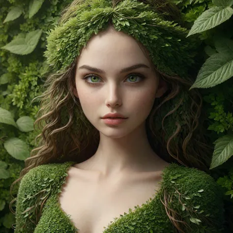 breathtaking a stunning beautiful 21yo leaf girl face inside a hedge wearing a small headband. Her detailed lips AND pupils making her seductive and hunting. Her face is covered with stunning details and vivid natural look. She is looking seductive and playful with a slight grin at the viewer,background light,very long leaf like hair,<lora:Hedge_Row_Style_SDXL:1.1>,mad-hecke,face_focus,face(smirk,green eyes,detailed skin),(green centre lip line:1.2),close-up, . award-winning, professional, highly detailed