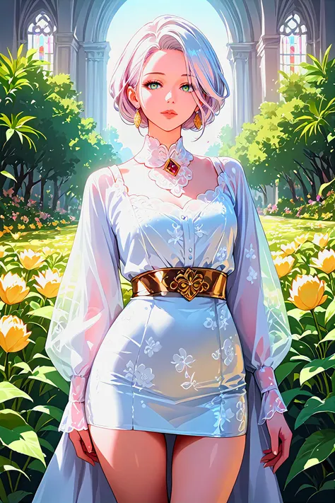 score_9, score_8_up, score_7_up, source_anime,
Generate hyper realistic image of a woman in a short dress with a floral print, her long sleeves adding a touch of elegance as she stands in a cowboy shot pose. Her white hair is styled in a chic ponytail, drawing attention to her striking profile and luscious lips, while dangling earrings catch the light. (masterpiece:1.2), (best quality:1.2), ultra-detailed, best shadow, detailed background, high contrast, (best illumination, an extremely delicate and beautiful), ((cinematic light)),  8k, very aesthetic, photorealistic,