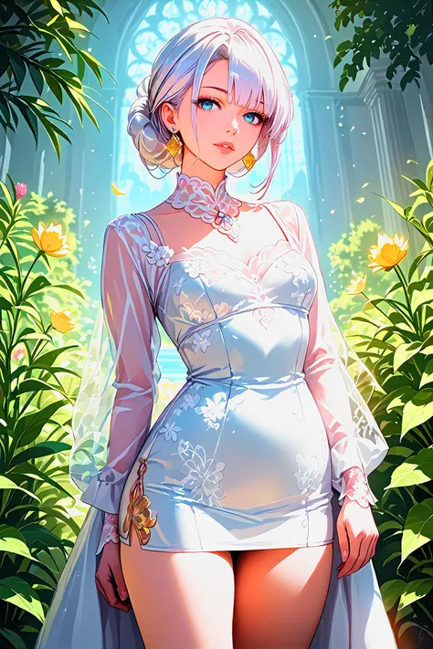 score_9, score_8_up, score_7_up, source_anime,
Generate hyper realistic image of a woman in a short dress with a floral print, her long sleeves adding a touch of elegance as she stands in a cowboy shot pose. Her white hair is styled in a chic ponytail, drawing attention to her striking profile and luscious lips, while dangling earrings catch the light. (masterpiece:1.2), (best quality:1.2), ultra-detailed, best shadow, detailed background, high contrast, (best illumination, an extremely delicate and beautiful), ((cinematic light)),  8k, very aesthetic, photorealistic,