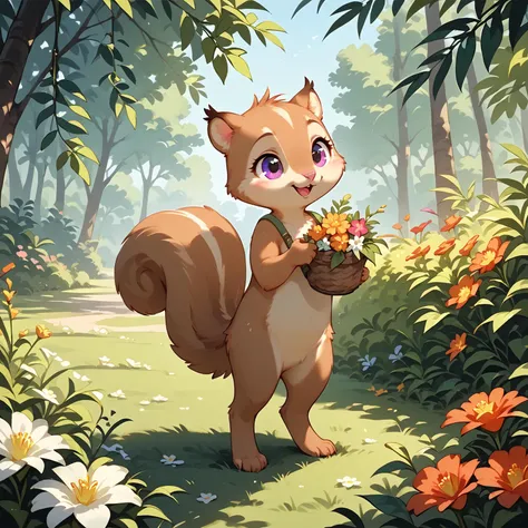 score_9, score_8_up, score_7_up,
a cute squirrel holds a nut in its hands, stands on a summer meadow,