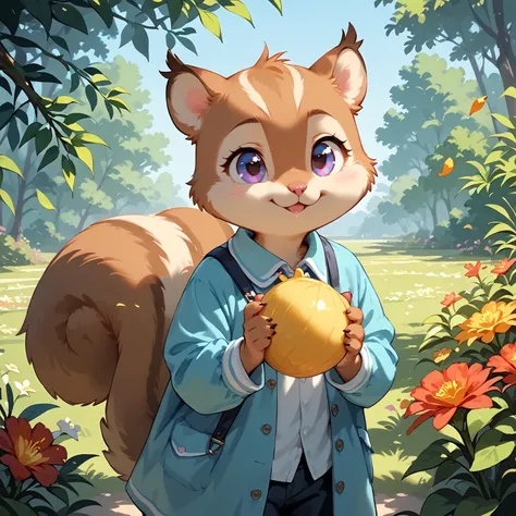 score_9, score_8_up, score_7_up,
a cute squirrel holds a nut in its hands, stands on a summer meadow,