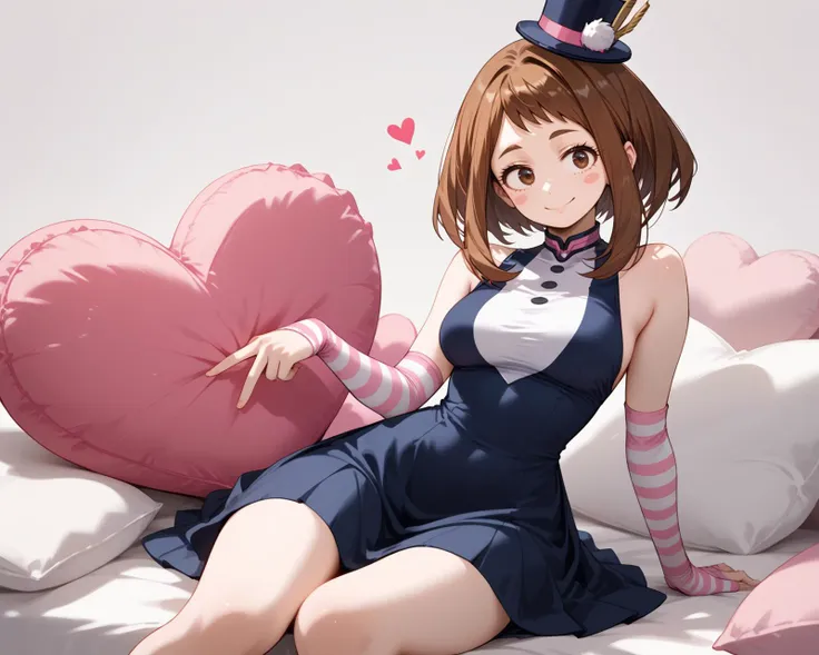 front view, SITTING ON PILLOW,HEART PILLOW,PINK PILLOWS, looking to the side, light smile, 
     Uraraka Ochako, score_9, score_8_up,score_7_up,score_6_up,, , elbow_gloves,black_dress,mini_top_hat,,black_hat,single_glove,striped_gloves,,