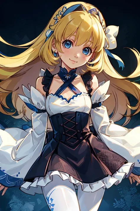 ultra detailed, masterpiece, best quality, castle, blue and white clothes, wrist_e
solo, cowboy shot, facing viewer, soft smile, light smile,
<lora:stupa13a:0.95> stupa13a,
1girl, blue eyes, blonde hair, (long blonde hair, very long hair:1.2), french braid, bangs, medium breasts,
hair ribbon, frilled choker, criss-cross halter, sleeveless dress, high-waist skirt, backless dress, waist bow, detached sleeves, frilled sleeves, wide sleeves, pantyhose, patterned legwear, mary janes,