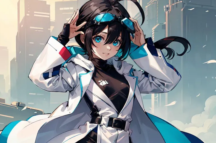 ultra detailed, masterpiece, best quality,
solo, dynamic pose,
<lora:stupa13a:0.75> stupa13a,
smile,
1girl, (teal eyes:1.1), (aqua eyes:0.45), (black hair:1.2), <lora:low_ponytail-1.0:0.95> low ponytail, ahoge, low ponytail, absurdly long hair, very long hair, (hair flaps:1.2), flipped hair, hair between eyes, bangs, messy hair, small breasts,
(goggles on head:1.3), hooded coat, open coat, turtleneck, capri pants, black knee boots, multiple belts, multiple straps, white long jacket, white coat, (half-skirt:0.65), layered clothes, hair ribbon,