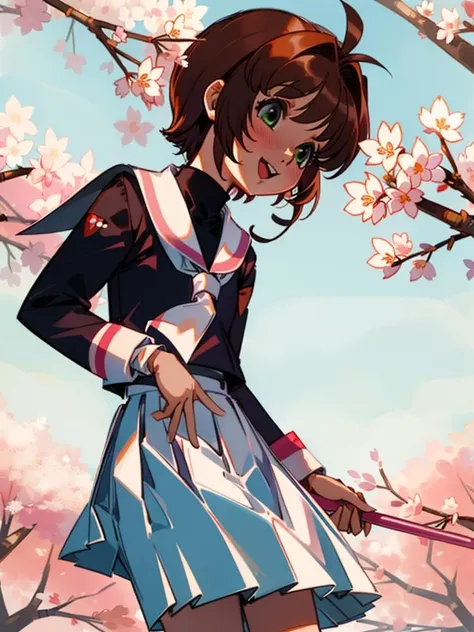 <lora:stupa13a-28:1>outdoors, cherry blossoms, looking away, :D, masterpiece, best quality, <lora:kinomoto:1>kinomoto sakura, brown hair, short hair, antenna hair, two side up, hair bobbles, green eyes, school uniform, white sailor collar, black shirt, long sleeves, white skirt, pleated skirt