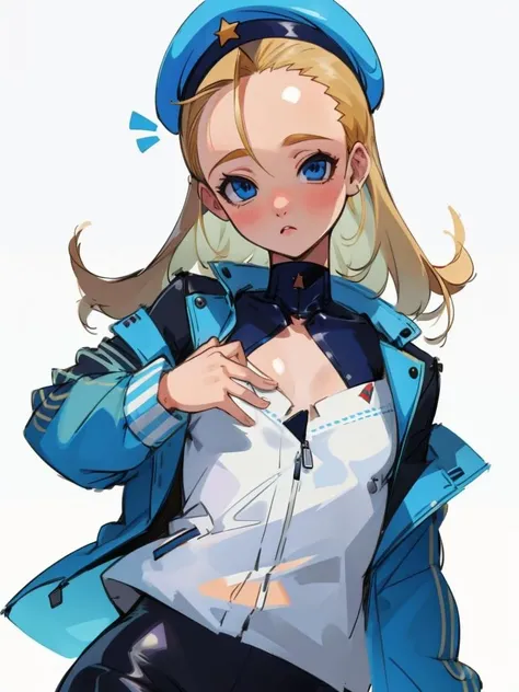 <lora:stupa13a-28:1>blonde hair, blue eyes, forehead, beret, flat chest, open jacket, masterpiece, best quality
