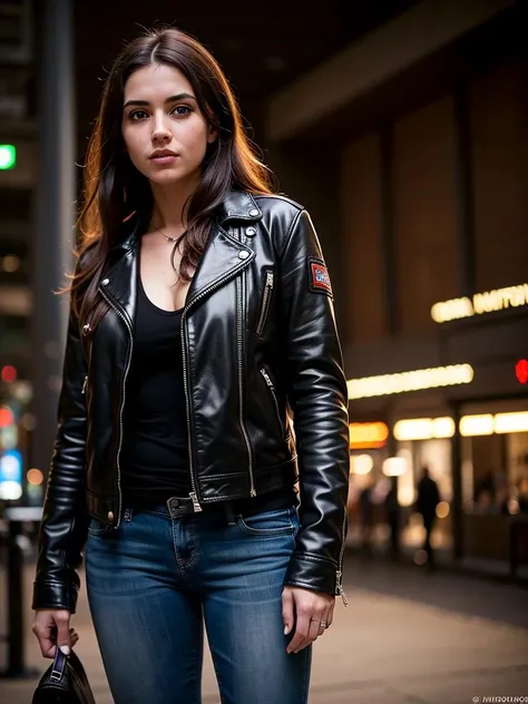 masterpiece,ultra high res, (photorealistic:1.4), raw photo, casual portrait of (23 year-old woman:1.3) , leather jacket, Compact body,((cyberpunk,scifi)),refined detailed