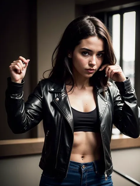 masterpiece,ultra high res, (photorealistic:1.4), raw photo, casual portrait of (23 year-old woman:1.3) , leather jacket, Compact body,((cyberpunk,scifi)),refined detailed