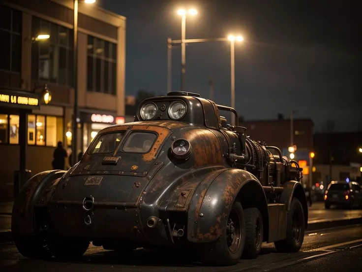 RAW photo, a  portrait photo of
rusty steampunk car,  survival, post-apocalyptic, cyberpunk, outdoors, night, destruction, urban decay,
(high detailed skin:1.2), 8k uhd, dslr, soft lighting, high quality, film grain, Fujifilm XT3