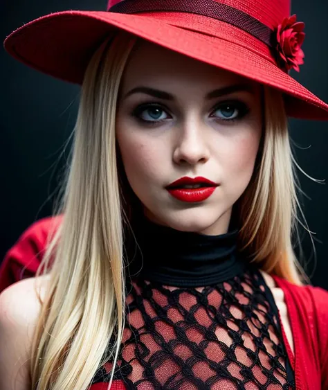 a girl in red hat is in a red lace dress and has red lips, in the style of noir comic art, dark cyan and white, dc comics, ultrafine detail, bold lines, vibrant color, celebrity image mashups, bold lithographic