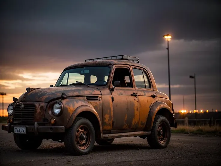 RAW photo, a  portrait photo of
rusty steampunk car,  survival, post-apocalyptic, cyberpunk, outdoors, night, destruction, urban decay,
(high detailed skin:1.2), 8k uhd, dslr, soft lighting, high quality, film grain, Fujifilm XT3