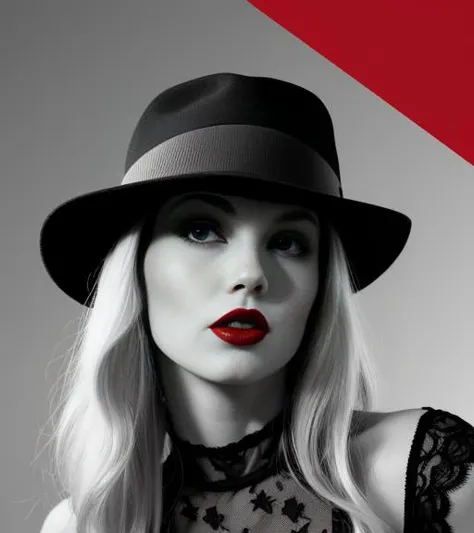 a girl in red hat is in a red lace dress and has red lips, in the style of noir comic art, dark cyan and white, dc comics, ultrafine detail, bold lines, vibrant color, celebrity image mashups, bold lithographic