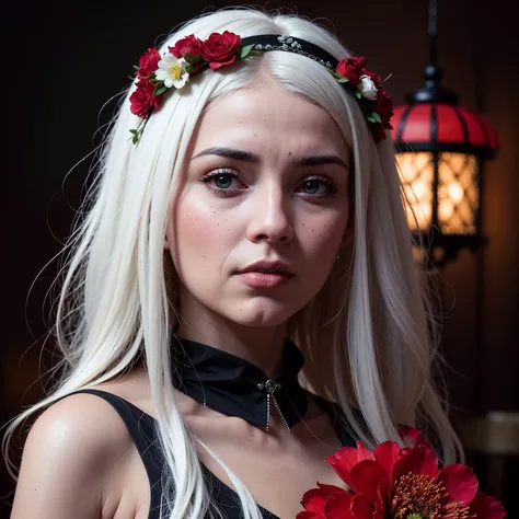 beautiful young woman with white hair with red flower crown, by Hokusai and James Gurney + Black paper with intricate and vibrant red line work:: Tarot Card:: Mandelbulb Fractal + Full of silver layers + symmetrical Portrait + Trending on Artstation + Incredible black and red gothic illustration + Exquisite detail, ultra soft pastel, technicolor, cinematic lighting, reflections, HDR, 8k resolution, cinematic film still, smooth, sharp focus, realistic, strobe lightbeams, ((backround defocused)):1.7, (((depth of field))):1.8, cinestill 800t 35mm, high quality, heavy grain, high detail, cinematic composition, dramatic light, anamorphic, ultra wide lens, hyperrealistic