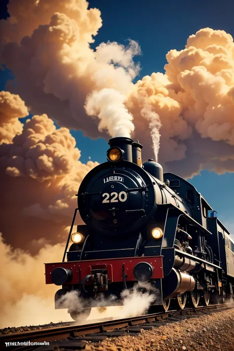 (warm clouds), locomotive, train, illustration, a lot of drama