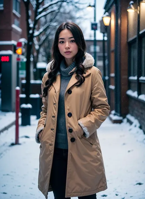 professional portrait photograph of a gorgeous Japanese girl in winter clothing with long wavy hair, ((sultry flirty look)), freckles, beautiful symmetrical face, cute natural makeup, ((standing outside in snowy city street)), stunning modern urban upscale environment, ultra realistic, concept art, elegant, highly detailed, intricate, sharp focus, depth of field, f/1. 8, 85mm, medium shot, mid shot, (centered image composition), (professionally color graded), ((bright soft diffused light)), volumetric fog, trending on instagram, trending on tumblr, hdr 4k, 8k, Fujifilm X-T5 vintage look, a lot of drama