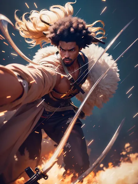 A highly detailed anime illustration, medium shot,
Afro Samurai, dynamic fighting pose, sword, motion trails,
vintage, dreamy, drawing, trending on artstation, UHD, (((by Quentin de Warren))):1.8, atmosphere, luminosity