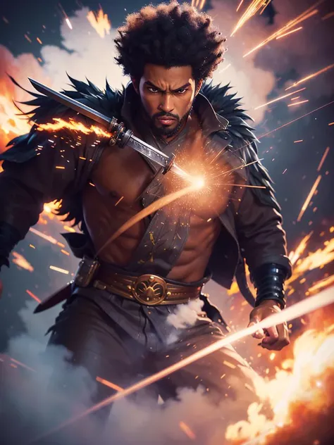A highly detailed anime illustration, medium shot,
Afro Samurai, dynamic fighting pose, sword, motion trails,
vintage, dreamy,  drawing, trending on artstation, UHD, (((by Quentin de Warren))):1.8, atmosphere, luminosity