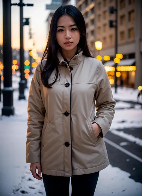 professional portrait photograph of a gorgeous Japanese girl in winter clothing with long wavy hair, ((sultry flirty look)), freckles, beautiful symmetrical face, cute natural makeup, ((standing outside in snowy city street)), stunning modern urban upscale environment, ultra realistic, concept art, elegant, highly detailed, intricate, sharp focus, depth of field, f/1. 8, 85mm, medium shot, mid shot, (centered image composition), (professionally color graded), ((bright soft diffused light)), volumetric fog, trending on instagram, trending on tumblr, hdr 4k, 8k, Fujifilm X-T5 vintage look, a lot of drama