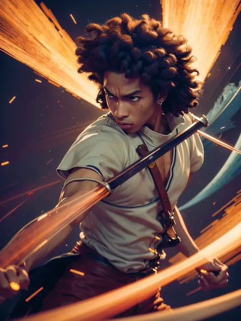 A highly detailed anime illustration, medium shot,
Afro Samurai, dynamic fighting pose, sword, motion trails,
vintage, dreamy,  drawing, trending on artstation, UHD, (((by Quentin de Warren))):1.8, atmosphere, luminosity