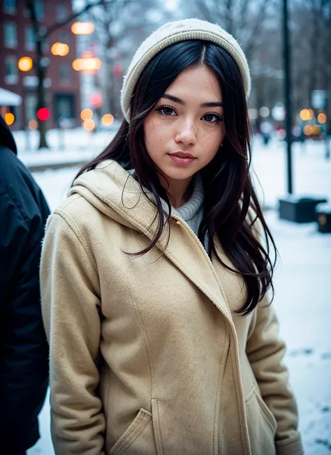 professional portrait photograph of a gorgeous Japanese girl in winter clothing with long wavy hair, ((sultry flirty look)), freckles, beautiful symmetrical face, cute natural makeup, ((standing outside in snowy city street)), stunning modern urban upscale environment, ultra realistic, concept art, elegant, highly detailed, intricate, sharp focus, depth of field, f/1. 8, 85mm, medium shot, mid shot, (centered image composition), (professionally color graded), ((bright soft diffused light)), volumetric fog, trending on instagram, trending on tumblr, hdr 4k, 8k, Fujifilm X-T5 vintage look, a lot of drama