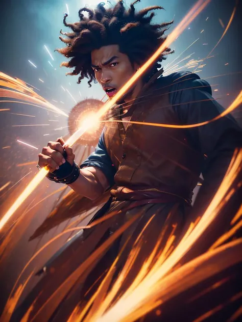 A highly detailed anime illustration, medium shot,
Afro Samurai, dynamic fighting pose, sword, motion trails,
vintage, dreamy, drawing, trending on artstation, UHD, (((by Quentin de Warren))):1.8, atmosphere, luminosity