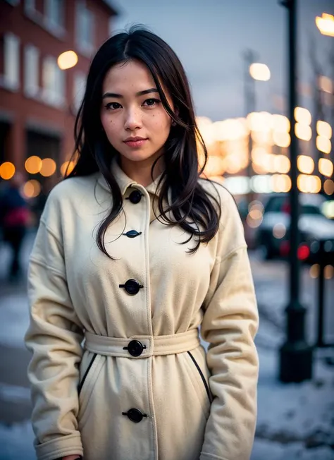 professional portrait photograph of a gorgeous Japanese girl in winter clothing with long wavy hair, ((sultry flirty look)), freckles, beautiful symmetrical face, cute natural makeup, ((standing outside in snowy city street)), stunning modern urban upscale environment, ultra realistic, concept art, elegant, highly detailed, intricate, sharp focus, depth of field, f/1. 8, 85mm, medium shot, mid shot, (centered image composition), (professionally color graded), ((bright soft diffused light)), volumetric fog, trending on instagram, trending on tumblr, hdr 4k, 8k, Fujifilm X-T5 vintage look, a lot of drama