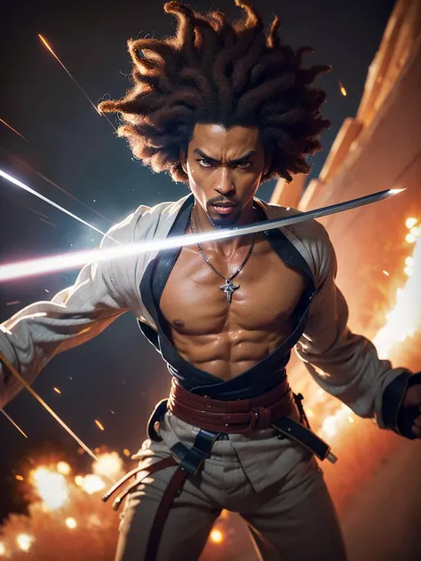 A highly detailed anime illustration, medium shot,
Afro Samurai, dynamic fighting pose, sword, motion trails,
vintage, dreamy, drawing, trending on artstation, UHD, (((by Quentin de Warren))):1.8, atmosphere, luminosity
