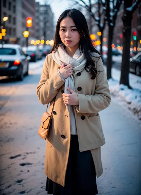 professional portrait photograph of a gorgeous Japanese girl in winter clothing with long wavy hair, ((sultry flirty look)), freckles, beautiful symmetrical face, cute natural makeup, ((standing outside in snowy city street)), stunning modern urban upscale environment, ultra realistic, concept art, elegant, highly detailed, intricate, sharp focus, depth of field, f/1. 8, 85mm, medium shot, mid shot, (centered image composition), (professionally color graded), ((bright soft diffused light)), volumetric fog, trending on instagram, trending on tumblr, hdr 4k, 8k, Fujifilm X-T5 vintage look, a lot of drama