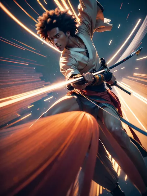A highly detailed anime illustration, medium shot,
Afro Samurai, dynamic fighting pose, sword, motion trails,
vintage, dreamy, drawing, trending on artstation, UHD, (((by Quentin de Warren))):1.8, atmosphere, luminosity