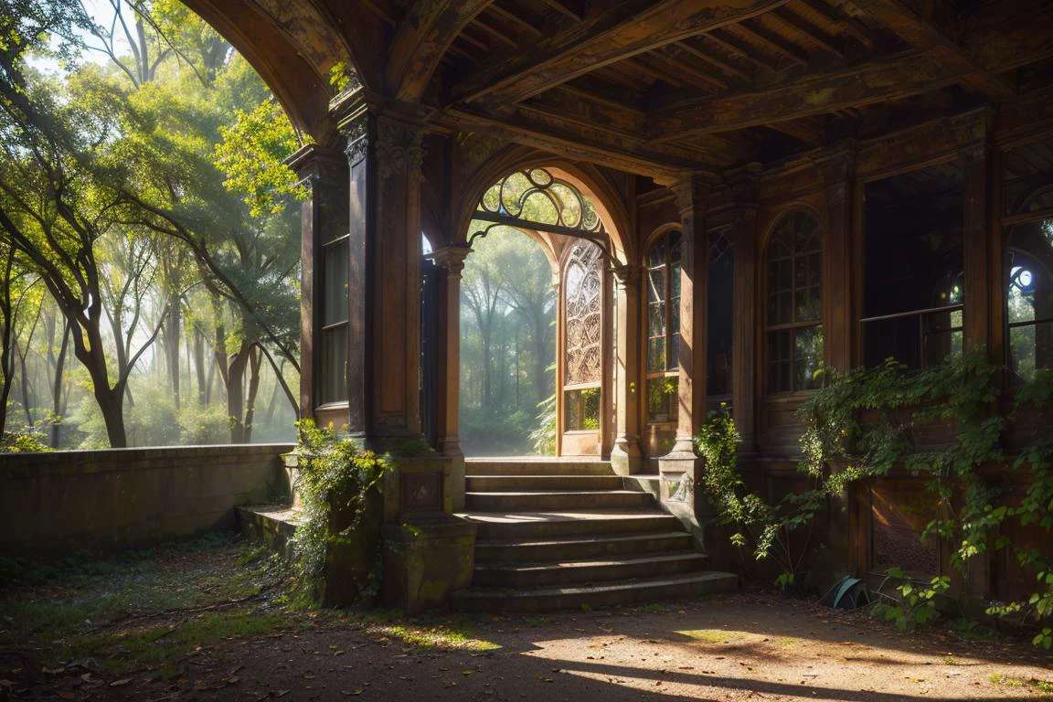 old painting style, abandoned vampire villa in a forest, oversaturated, colorful, highly detailed, high resolution, ray tracing reflections, dramatic lighting, 8k vibrant colors, detailed acrylic, intricate complexity, soft natural volumetric cinematic perfect light by Alphonse Mucha