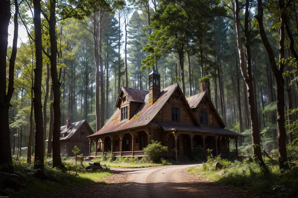old painting style, abandoned vampire villa in a forest, oversaturated, colorful, highly detailed, high resolution, ray tracing reflections, dramatic lighting, 8k vibrant colors, detailed acrylic, intricate complexity, soft natural volumetric cinematic perfect light by Alphonse Mucha