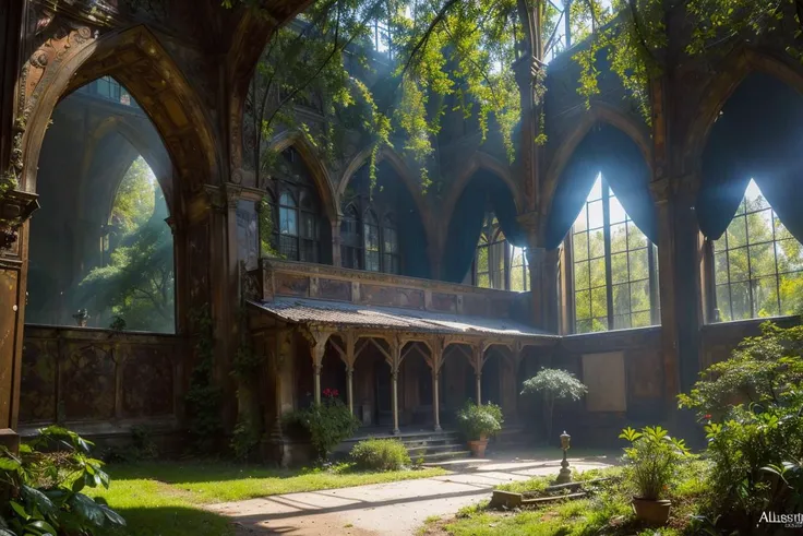 old painting style, abandoned vampire villa in a forest, oversaturated, colorful, highly detailed, high resolution, ray tracing reflections, dramatic lighting, 8k vibrant colors, detailed acrylic, intricate complexity, soft natural volumetric cinematic perfect light by Alphonse Mucha