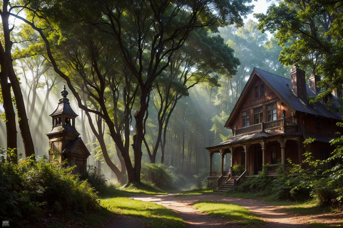 old painting style, abandoned vampire villa in a forest, oversaturated, colorful, highly detailed, high resolution, ray tracing reflections, dramatic lighting, 8k vibrant colors, detailed acrylic, intricate complexity, soft natural volumetric cinematic perfect light by Alphonse Mucha