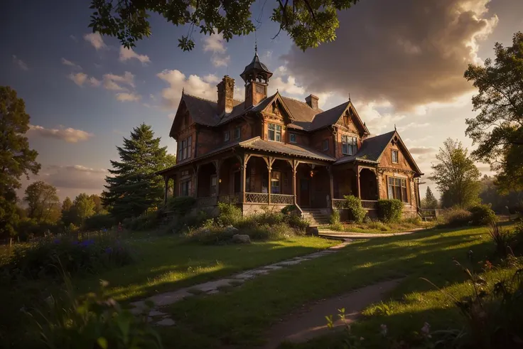 old painting style, abandoned  vampire villa in a forest, oversaturated, colorful, highly detailed, high resolution, ray tracing reflections, dramatic lighting, 8k vibrant colors, detailed acrylic, intricate complexity, soft natural volumetric cinematic perfect light by Alphonse Mucha