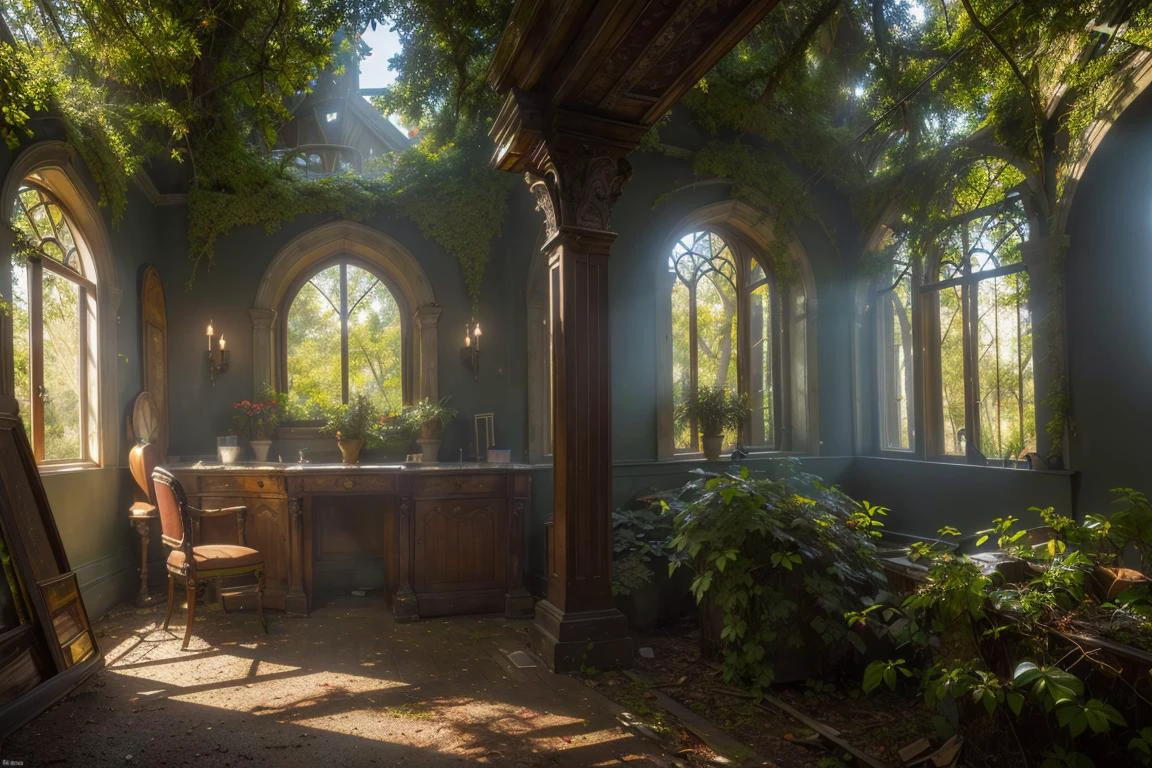 old painting style, abandoned vampire villa in a forest, oversaturated, colorful, highly detailed, high resolution, ray tracing reflections, dramatic lighting, 8k vibrant colors, detailed acrylic, intricate complexity, soft natural volumetric cinematic perfect light by Alphonse Mucha