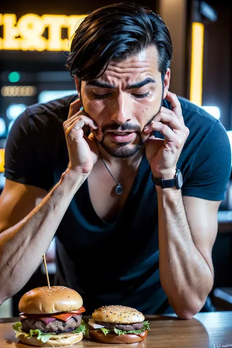 (((crying desperate))) man looking at his (((burger))) with passion and love, a lot of drama, (detailed facial features),
intricate detailed background, dreamy, drawing, trending on artstation, UHD, (((by Laurel D Austin))):1.8, atmosphere, luminosity, front lighting,
<lora:Burger photo_v01-000006:0.75>