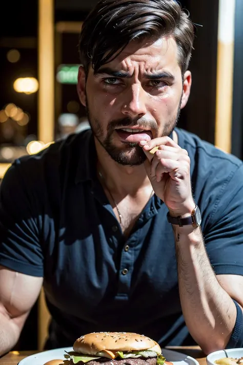 (((crying desperate))) man looking at his (((burger))) with passion and love, a lot of drama, (detailed facial features),
intricate detailed background, dreamy, drawing, trending on artstation, UHD, (((by Laurel D Austin))):1.8, atmosphere, luminosity, front lighting,
<lora:Burger photo_v01-000006:0.75>
