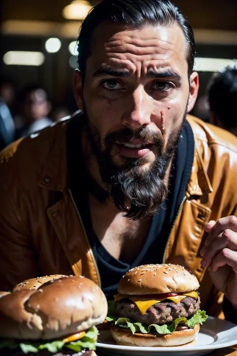 (((crying desperate))) man looking at his (((burger))) with passion and love, a lot of drama, (detailed facial features),
intricate detailed background, dreamy, drawing, trending on artstation, UHD, (((by Laurel D Austin))):1.8, atmosphere, luminosity, front lighting,
<lora:Burger photo_v01-000006:0.75>