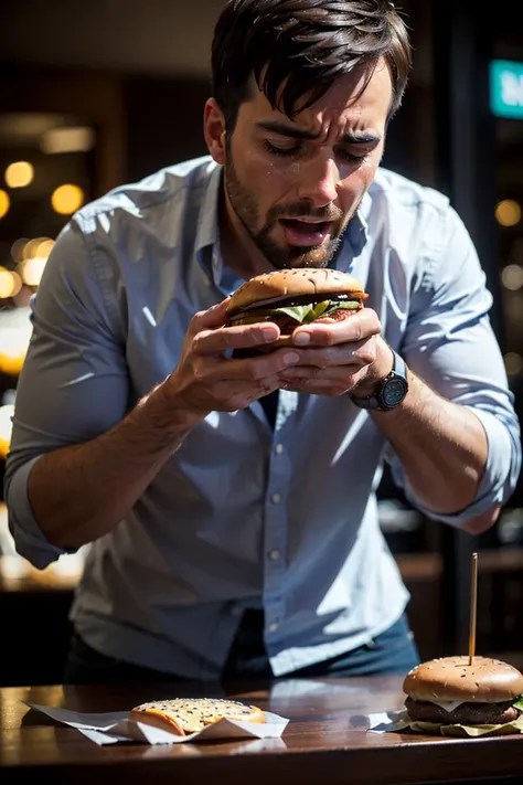 (((crying desperate))) man looking at his (((burger))) with passion and love, a lot of drama, (detailed facial features),
intricate detailed background, dreamy, drawing, trending on artstation, UHD, (((by Laurel D Austin))):1.8, atmosphere, luminosity, front lighting,
<lora:Burger photo_v01-000006:0.75>