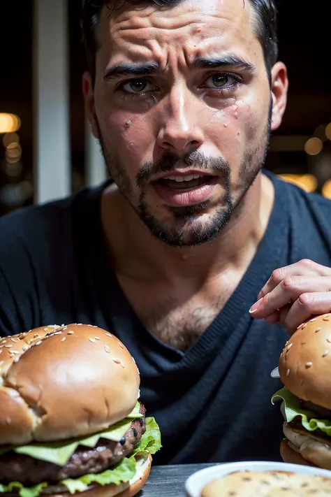 (((crying desperate))) man looking at his (((burger))) with passion and love, a lot of drama, (detailed facial features),
intricate detailed background, dreamy, drawing, trending on artstation, UHD, (((by Laurel D Austin))):1.8, atmosphere, luminosity, front lighting,
<lora:Burger photo_v01-000006:0.75>